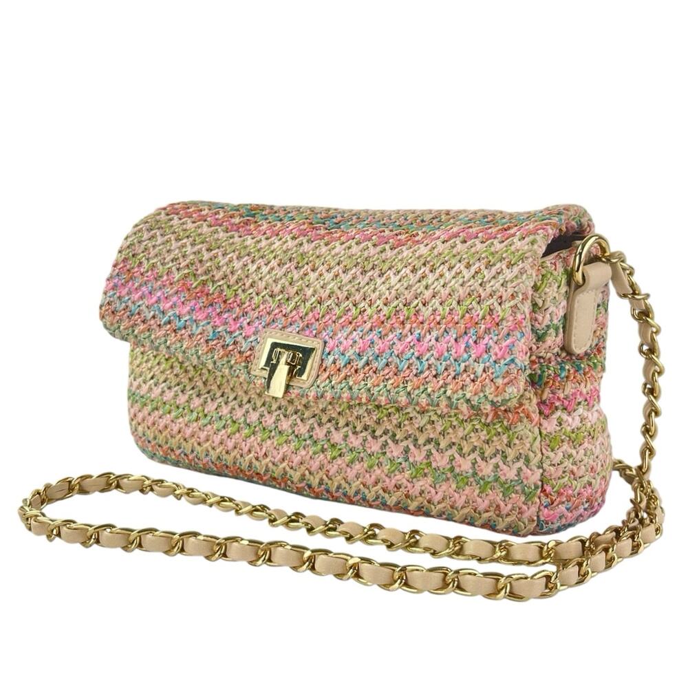 Justfab Women's Multicolor Rainbow Striped Raffia Crossbody Shoulder Handbag OS